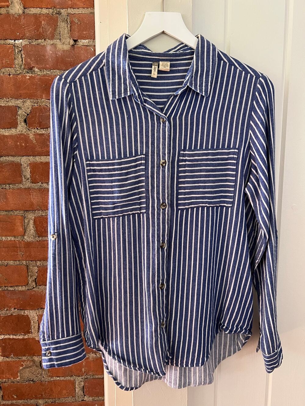 Japna Women’s Blue White Striped Button Down Shirt Roll Tab Sleeve L